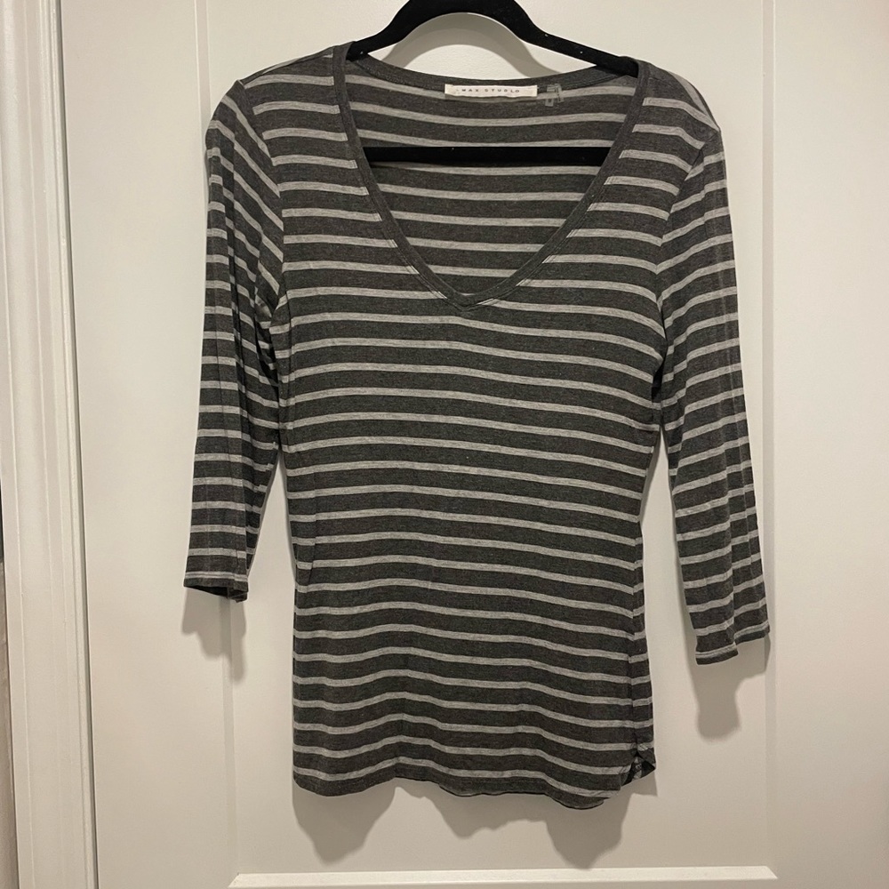 Max Studio Gray Stripe 3/4 Sleeve Top